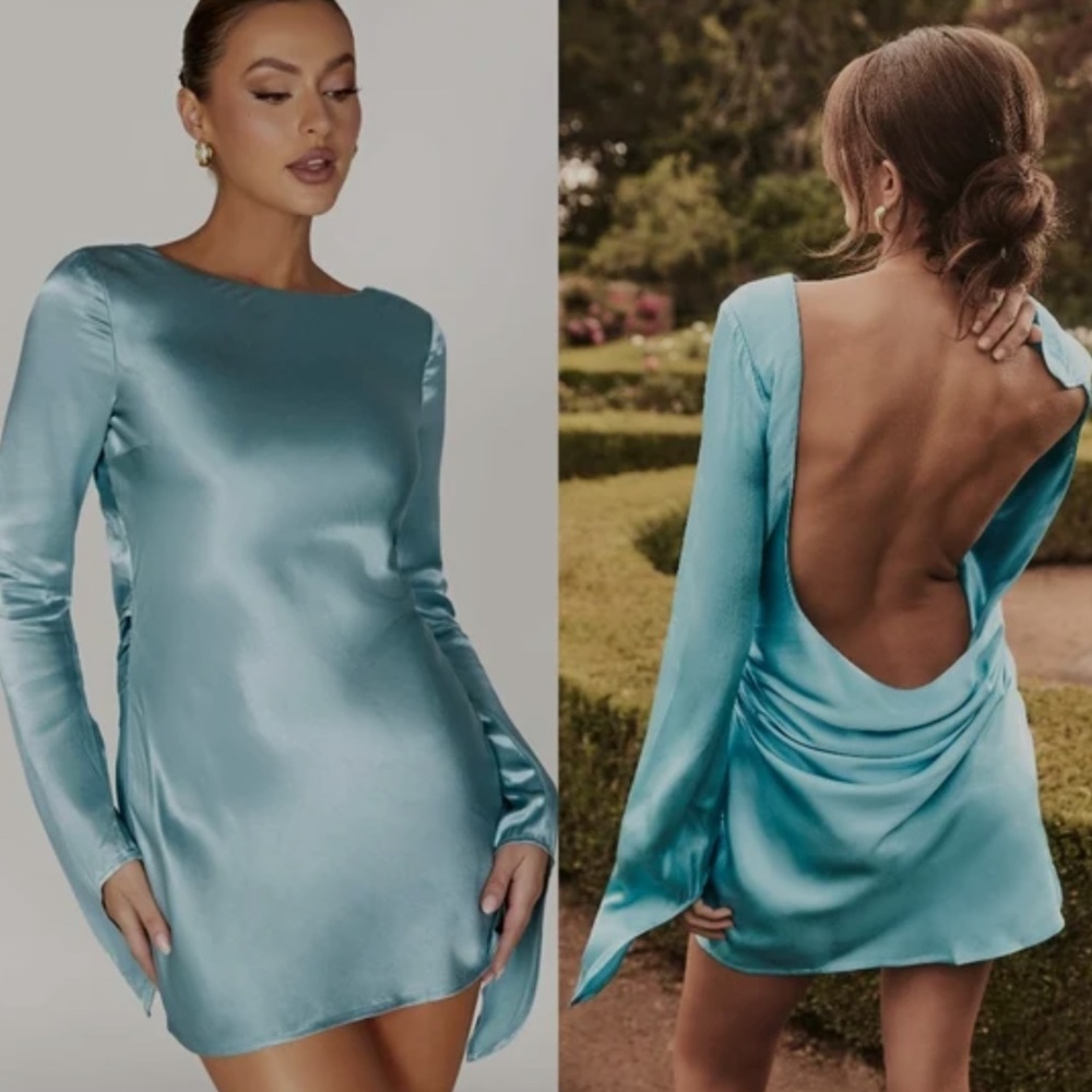 Meshki Aqua Satin Open-Back Dress